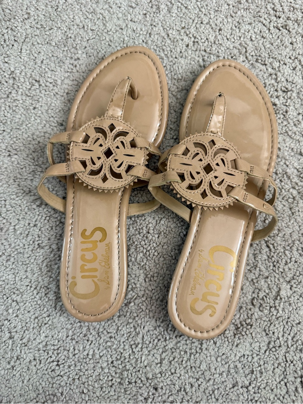 Circus by Sam Edelman Nude Patent Leather Laser-Cut Medallion Sandals